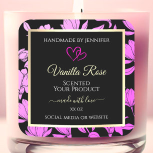 Cute Pink and Black Floral Product Labels Hearts