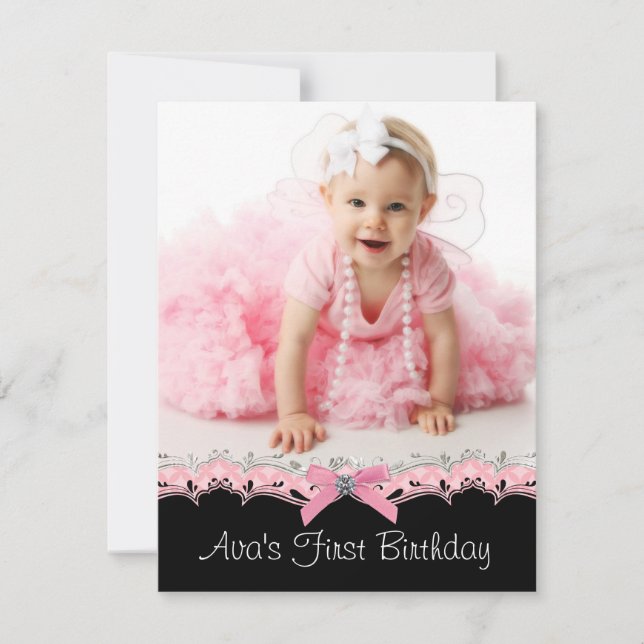 Cute Pink and Black Girls Photo Birthday Party Invitation (Front)
