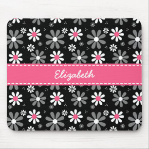 Cute Pink and Black Girly Mod Daisies With Name Mouse Pad