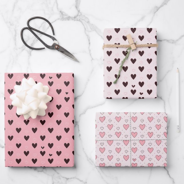 Cute Pink and Black Hearts Pattern Valentines Day Wrapping Paper Sheet (Front)
