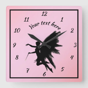 Cute Pink and Black Silhouette Fairy Girly Teen Square Wall Clock