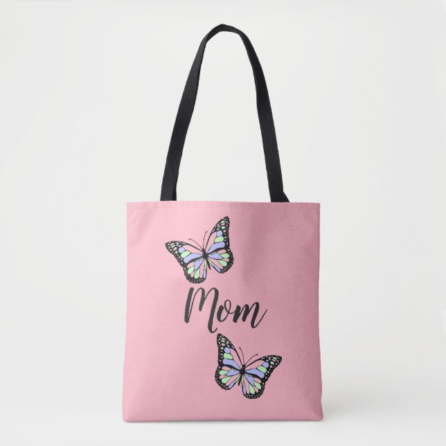 Cute Pink and Black Text Mum and Butterflies Tote Bag (Front)