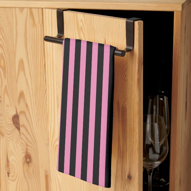 Cute Pink and Black Vertical Stripes Tea Towel (Thirds Fold)