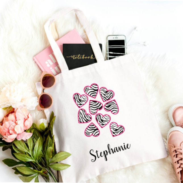 Cute Pink and Black Zebra Stripes Chic Fun Name Tote Bag (Creator Uploaded)
