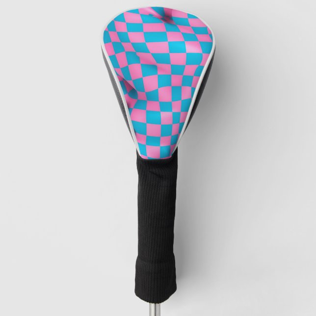 Cute Pink and Blue Abstract Chequerboard Pattern Golf Head Cover (Front)