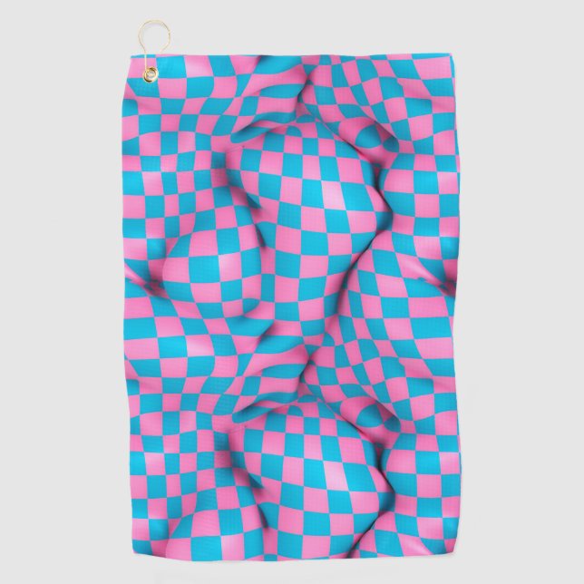 Cute Pink and Blue Abstract Chequerboard Pattern Golf Towel (Front)