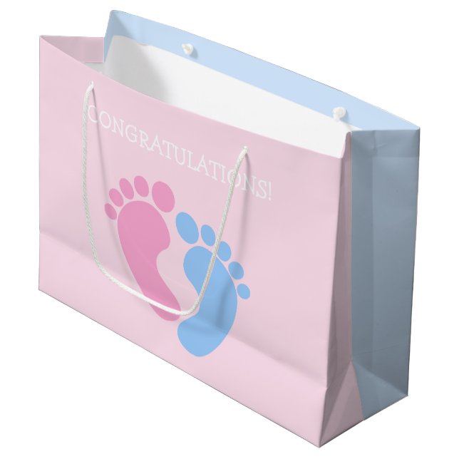 Cute pink and blue baby feet congratulations large gift bag (Front Angled)