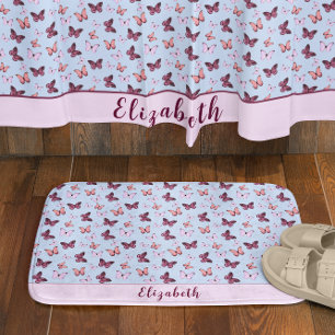 Cute Pink and Blue Butterfly Custom Name Girly Bath Mat