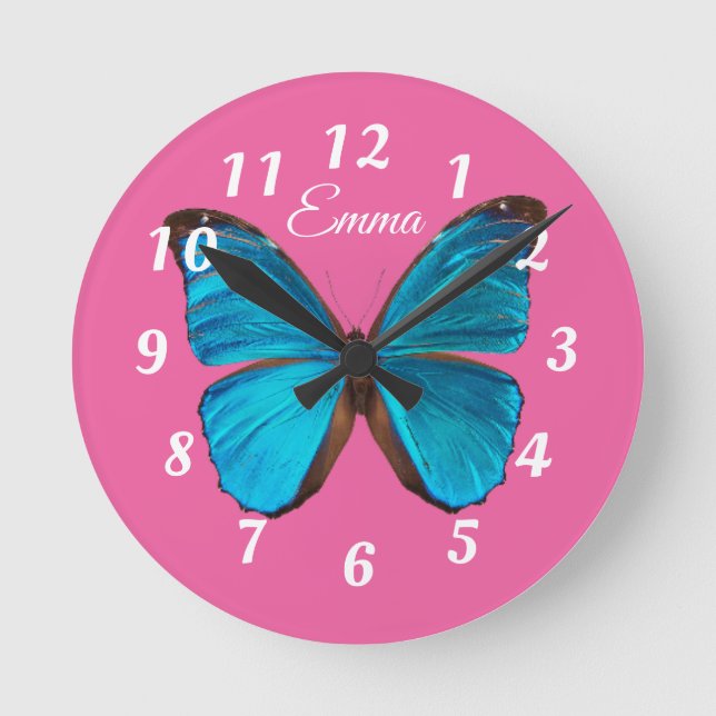 Cute Pink and Blue Butterfly Personalised Round Clock (Front)