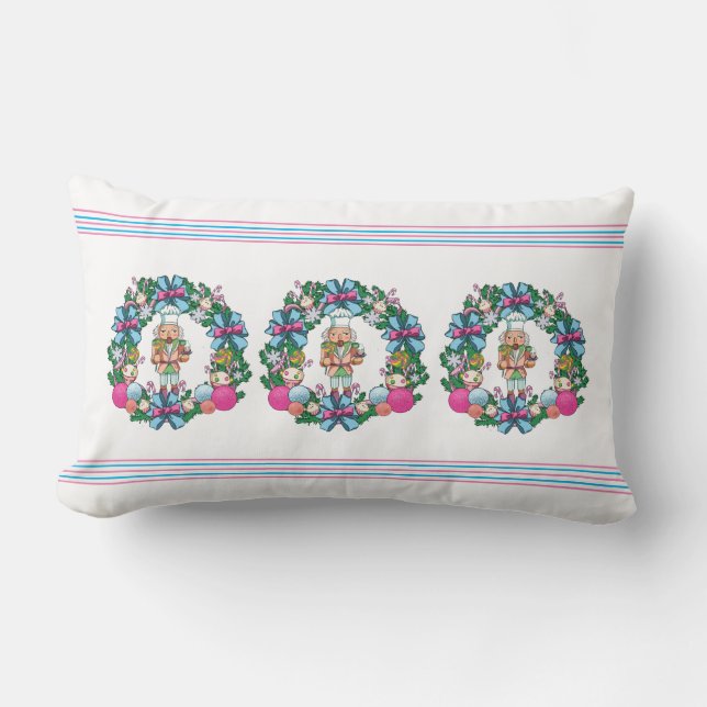 Cute Pink And Blue Christmas Nutcracker Wreath Lumbar Cushion (Front)