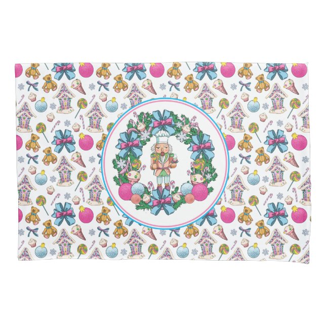 Cute Pink And Blue Christmas Nutcracker Wreath Pillowcase (Front-Left)