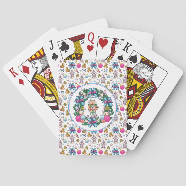 Cute Pink And Blue Christmas Nutcracker Wreath Playing Cards (Back)