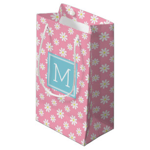 Cute Pink and Blue Daisies Pattern Personalised Small Gift Bag