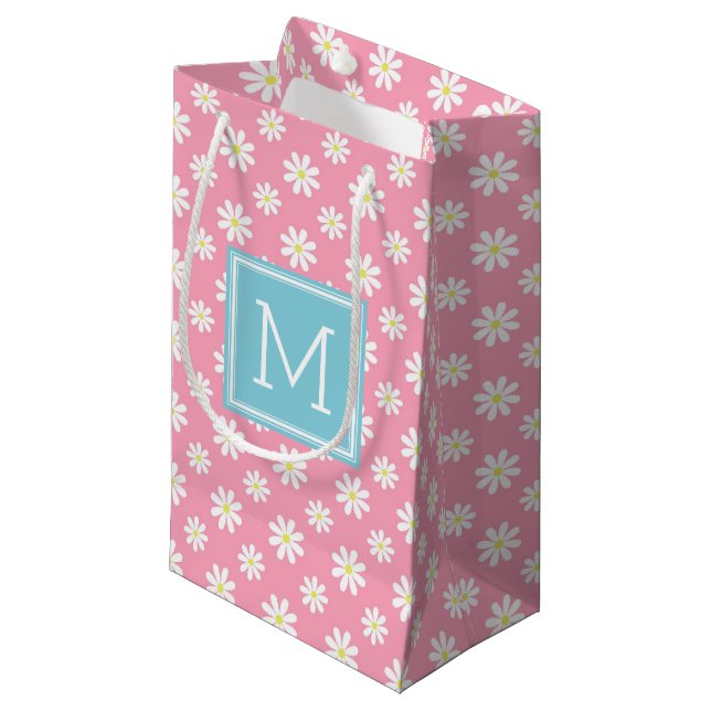 Cute Pink and Blue Daisies Pattern Personalised Small Gift Bag (Front Angled)