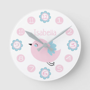 Cute Pink and Blue Flower and Bird Custom Round Clock