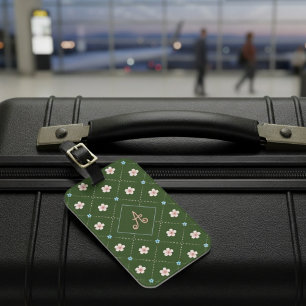 Cute Pink And Blue Flower Plaid On Dark Green Luggage Tag