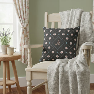 Cute Pink And Blue Flower Plaid Pattern On Black Cushion