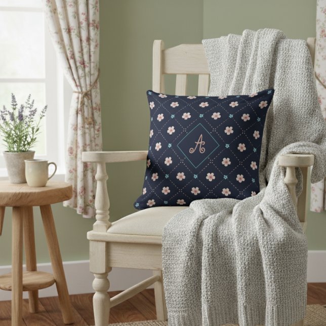 Cute Pink And Blue Flower Plaid Pattern On Blue Cushion (Creator Uploaded)