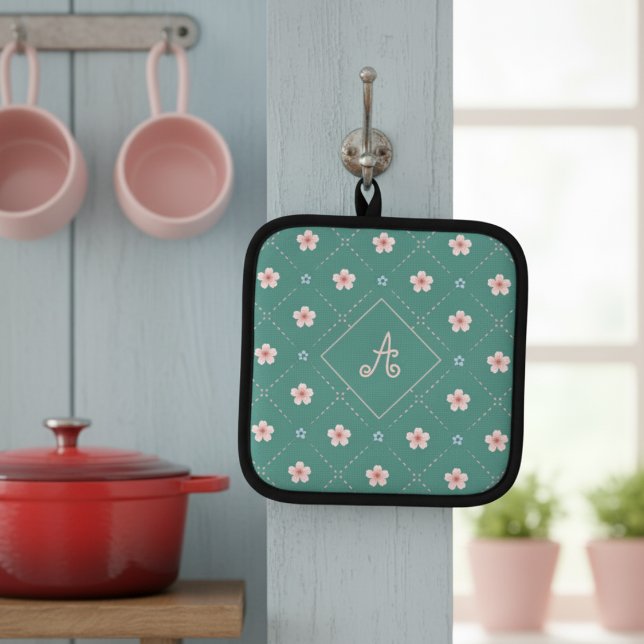 Cute Pink And Blue Flower Plaid Pattern On Blue Pot Holder (Creator Uploaded)