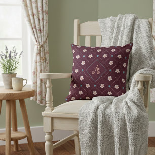 Cute Pink And Blue Flower Plaid Pattern On Red Cushion