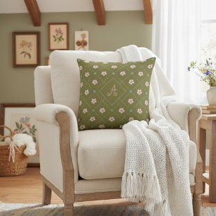 Cute Pink And Blue Flower Plaid Pattern On Yellow Cushion