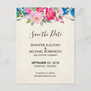 Cute Pink and Blue Flowers Wedding Save the Date Postcard