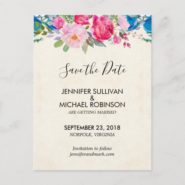 Cute Pink and Blue Flowers  Wedding Save the Date Postcard (Front)