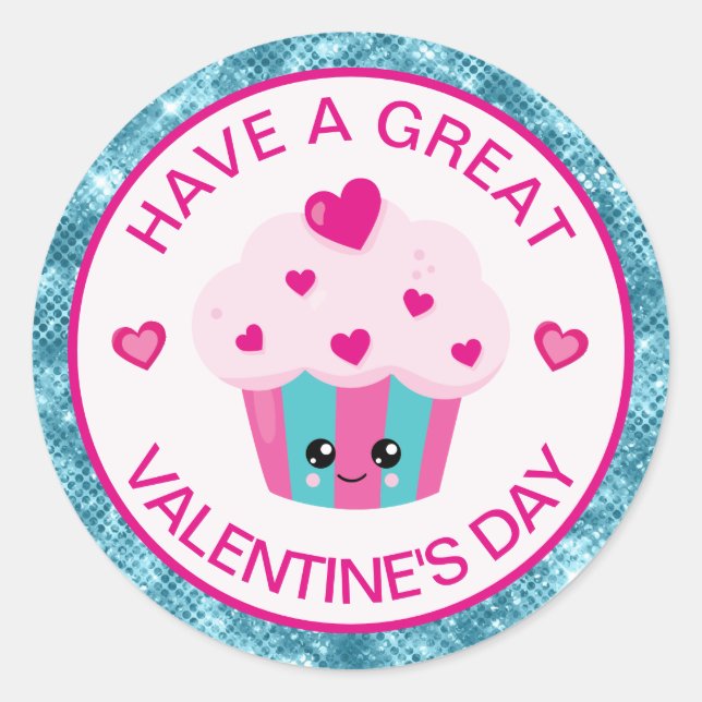 Cute Pink and Blue Heart Cupcake Valentine's Day Classic Round Sticker (Front)