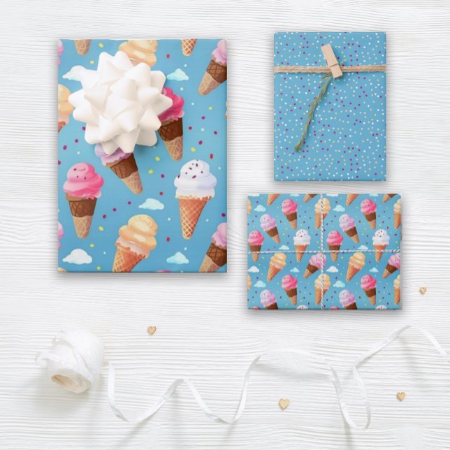 Cute Pink and Blue Ice Cream Cone Wrapping Paper Sheet (Indulge in sweet dreams with this delightful ice cream-inspired gift wrap.)