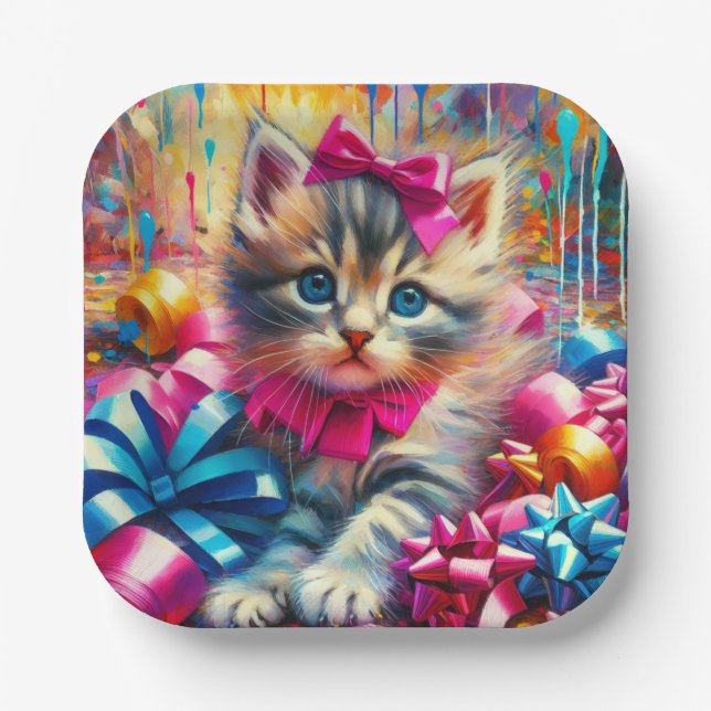 Cute Pink and Blue Kitten Girl's Birthday Paper Plate (Front)