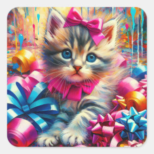 Cute Pink and Blue Kitten Girl's Birthday Square Sticker