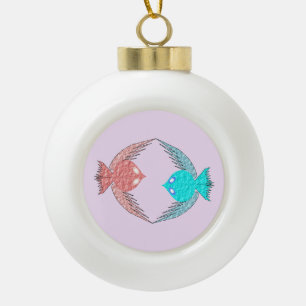 Cute Pink and Blue Love Birds Ceramic Ball Christmas Ornament
