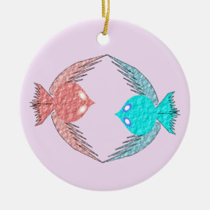 Cute Pink and Blue Love Birds Ceramic Ornament