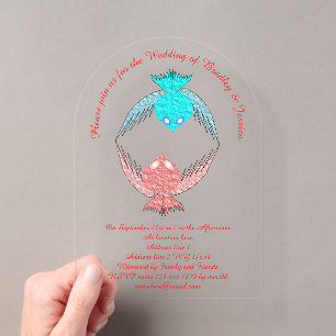 Cute Pink and Blue Love Birds Custom Wedding Acrylic Invitations