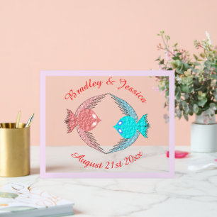Cute Pink and Blue Love Birds Custom Wedding Acrylic Sign
