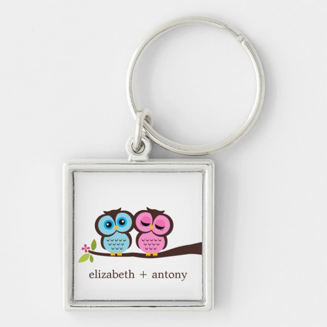 Cute Pink and Blue Owls Key Ring (Front)