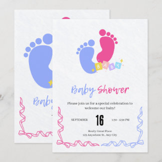 Cute Pink and Blue Pastel Baby Footprints Blocks Invitation
