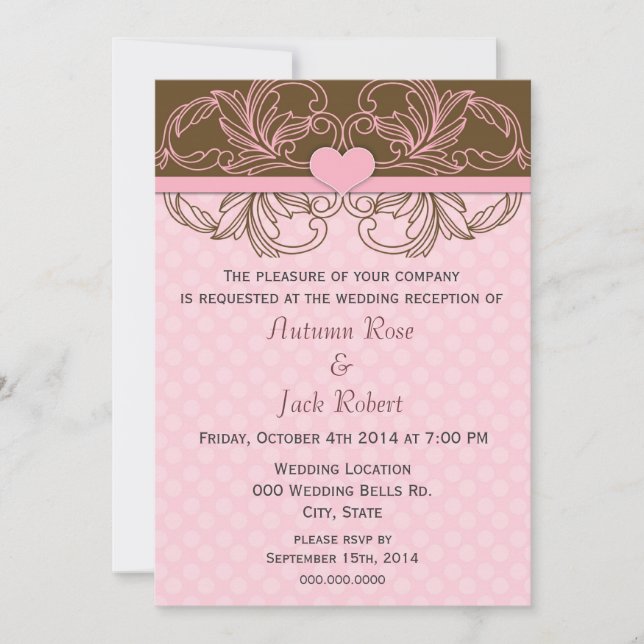 Cute Pink and Brown Wedding Reception Invitation (Front)
