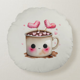 Cute Pink and Cream Watercolor Hot Chocolate Mug Round Cushion