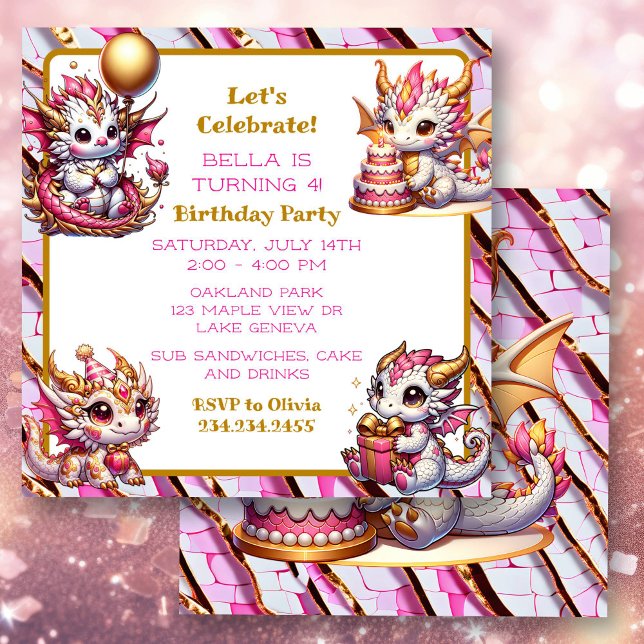 Cute Pink and Gold Dragon Girl's Birthday Party Invitation (Creator Uploaded)