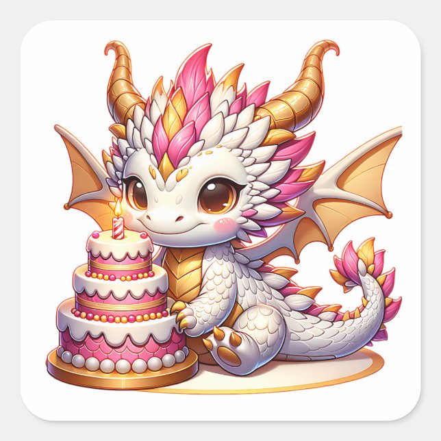 Cute Pink and Gold Dragon Girl's Birthday Party Square Sticker (Front)
