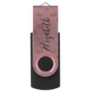 Cute Pink and Gold Kiss Personalised USB Flash Drive