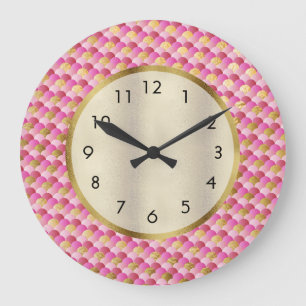 Cute Pink and Gold Mermaid Scales Large Clock