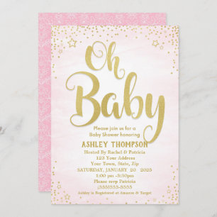 Cute Pink and Gold Oh Baby Stars Baby Shower Invitation
