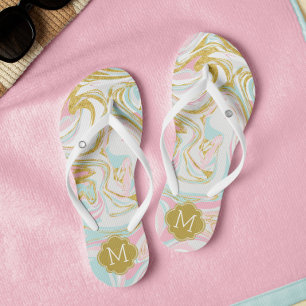 Cute Pink and Gold Suminagashi Monogrammed Thongs