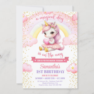 Cute pink and gold unicorn ballerina 1ST birthday Invitation