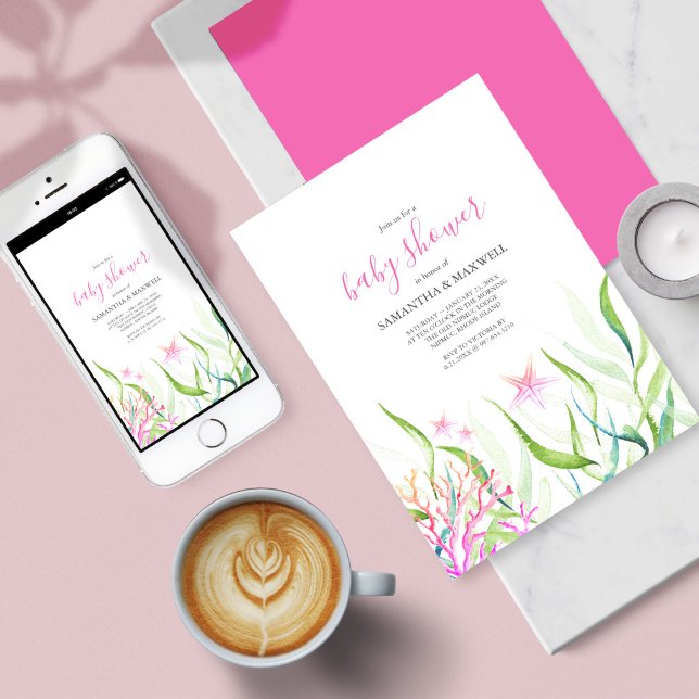 Cute Pink and Green Baby Shower Invitation (Baby Shower Invitation Under The Sea Pink and Green )