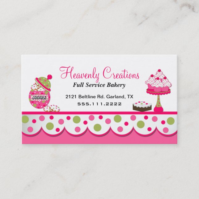 Cute Pink and Green Bakery Business Card (Front)