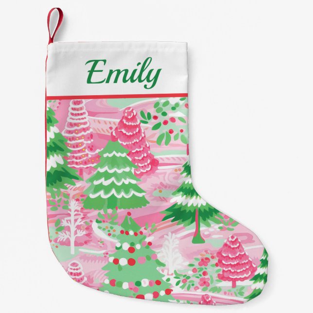 Cute Pink and Green Christmas Tree Small Christmas Stocking (Front)