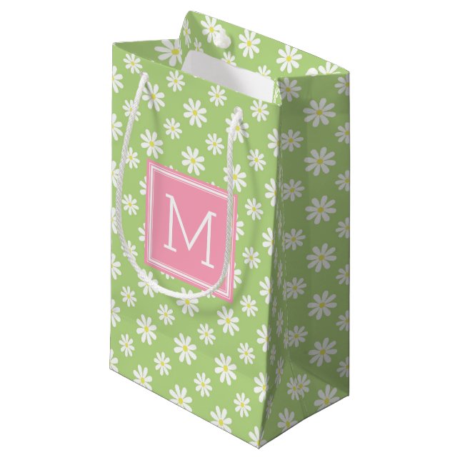 Cute Pink and Green Daisies Pattern Personalised Small Gift Bag (Front Angled)